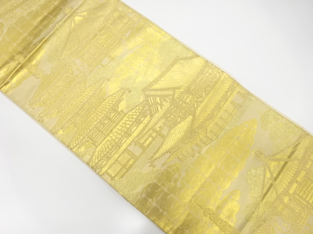 JAPANESE KIMONO / ANTIQUE FUKURO OBI / SILK / WOVEN TEMPLE SCENERY